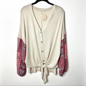 Hummingbird Boho Contrast Sheer Sleeve Thermal Top Size Small